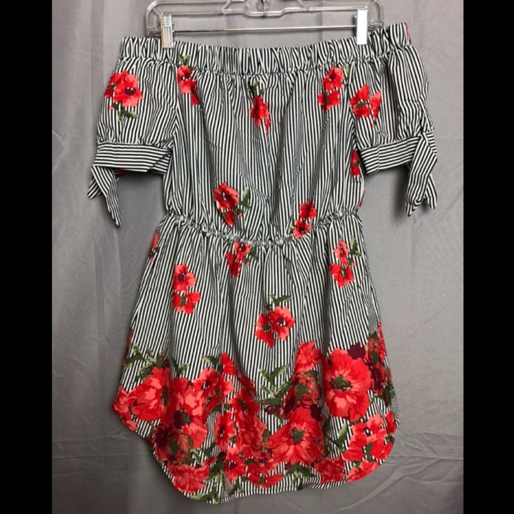 Striped Floral Off the Shoulder Dress